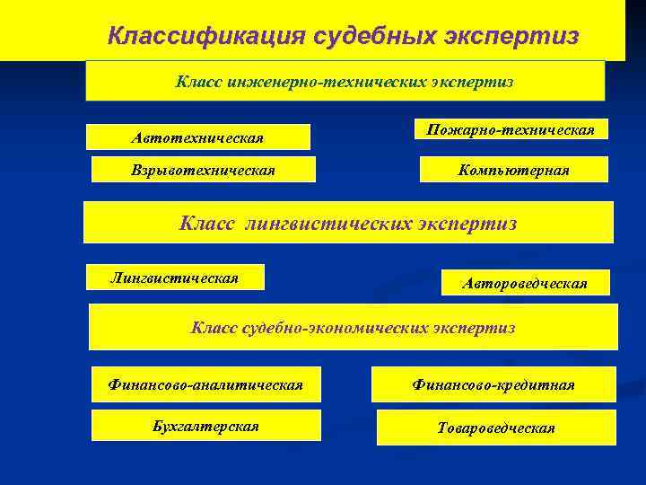 Классификация судебных экспертиз Класс инженерно-технических экспертиз Автотехническая Взрывотехническая Пожарно-техническая Компьютерная Класс лингвистических экспертиз Лингвистическая