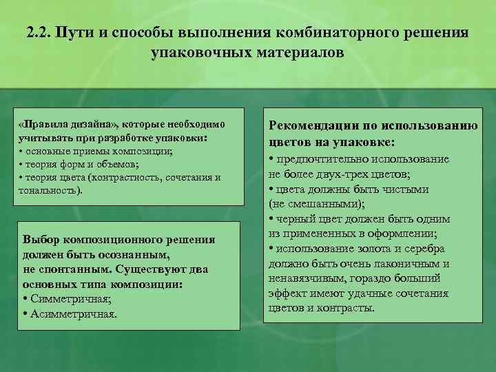 2. 2. Пути и способы выполнения комбинаторного решения упаковочных материалов «Правила дизайна» , которые