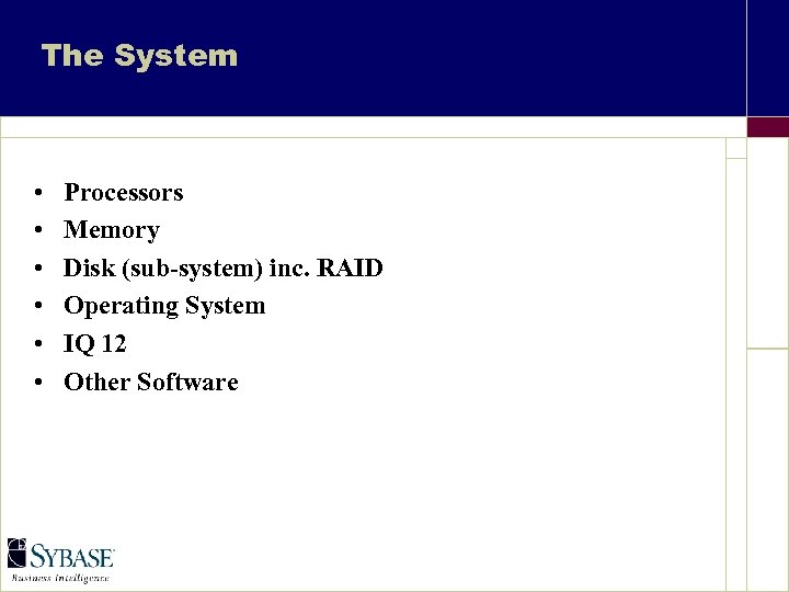 The System • • • Processors Memory Disk (sub-system) inc. RAID Operating System IQ