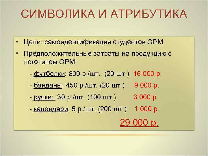 СИМВОЛИКА И АТРИБУТИКА • Цели: самоидентификация студентов ОРМ • Предположительные затраты на продукцию с