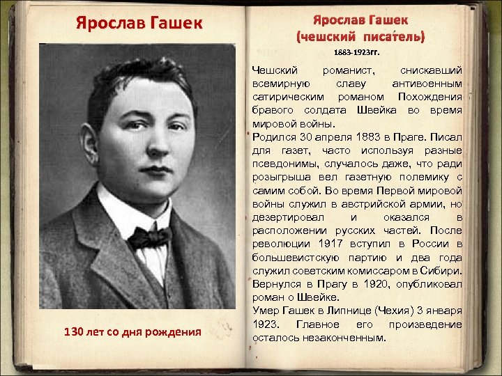 Ярослав Гашек (чешский писатель) 1883 -1923 гг. 130 лет со дня рождения Чешский романист,