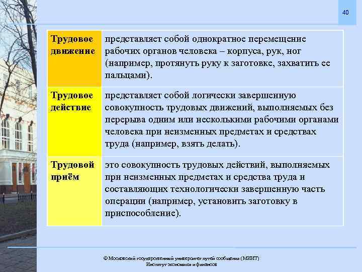 40 Трудовое движение представляет собой однократное перемещение рабочих органов человека – корпуса, рук, ног