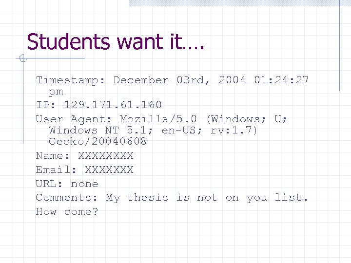Students want it…. Timestamp: December 03 rd, 2004 01: 24: 27 pm IP: 129.