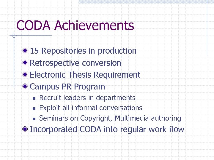 CODA Achievements 15 Repositories in production Retrospective conversion Electronic Thesis Requirement Campus PR Program
