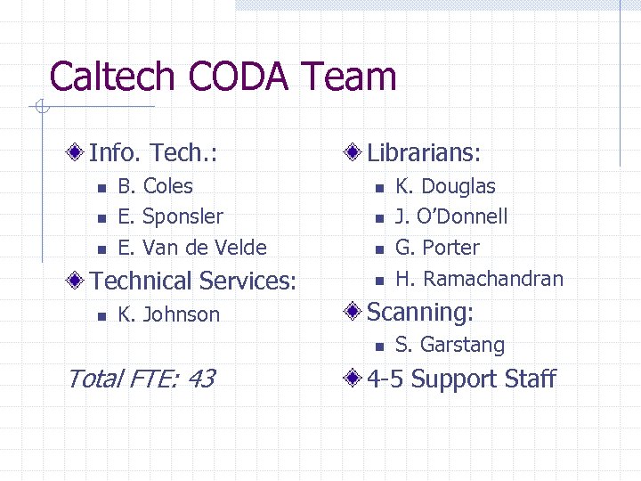 Caltech CODA Team Info. Tech. : n n n B. Coles E. Sponsler E.