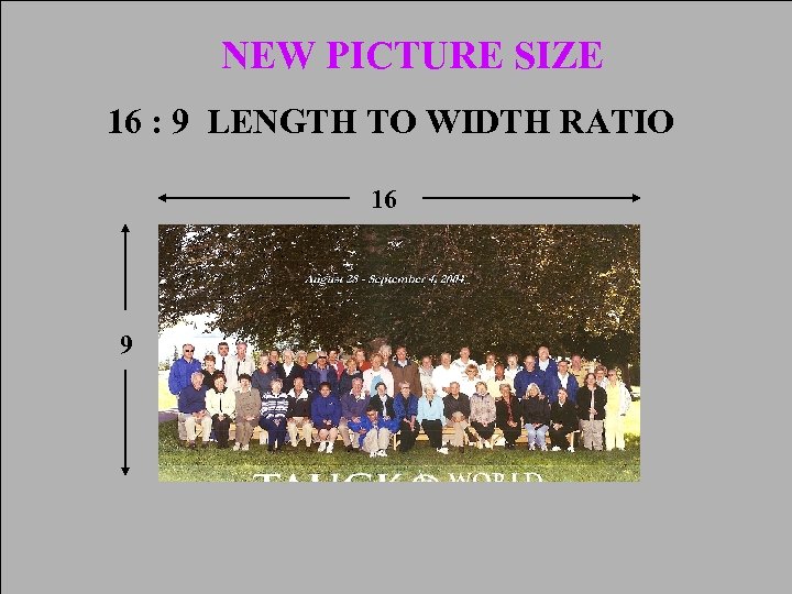 NEW PICTURE SIZE 16 : 9 LENGTH TO WIDTH RATIO 16 9 