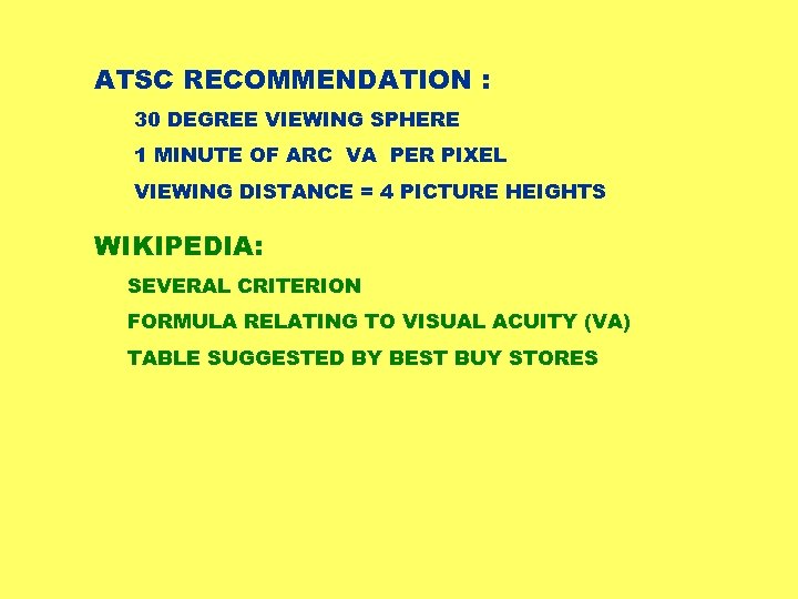ATSC RECOMMENDATION : 30 DEGREE VIEWING SPHERE 1 MINUTE OF ARC VA PER PIXEL