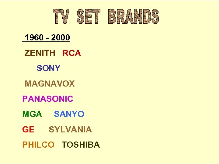 1960 - 2000 ZENITH RCA SONY MAGNAVOX PANASONIC MGA GE SANYO SYLVANIA PHILCO TOSHIBA
