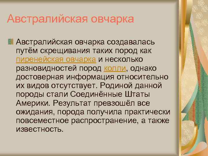 Австралийская овчарка создавалась путём скрещивания таких пород как пиренейская овчарка и несколько разновидностей пород