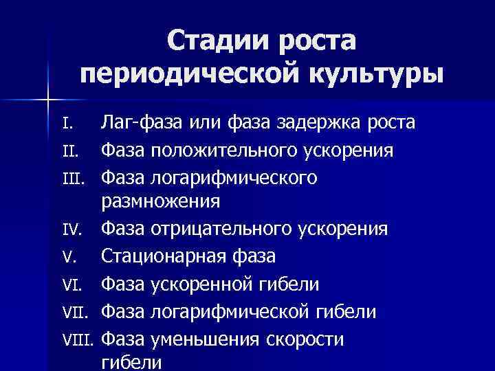 Стадии роста периодической культуры I. III. IV. V. VIII. Лаг-фаза или фаза задержка роста