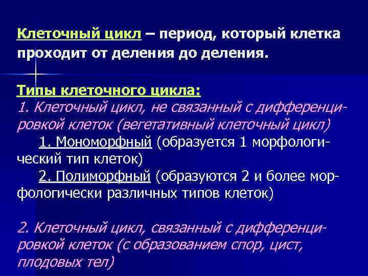 Клеточный цикл – период, который клетка проходит от деления до деления. Типы клеточного цикла: