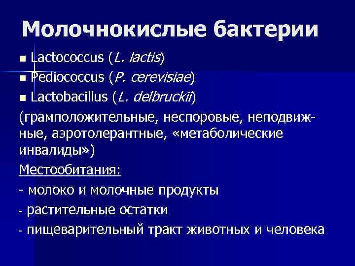 Молочнокислые бактерии Lactococcus (L. lactis) n Pediococcus (P. cerevisiae) n Lactobacillus (L. delbruckii) (грамположительные,