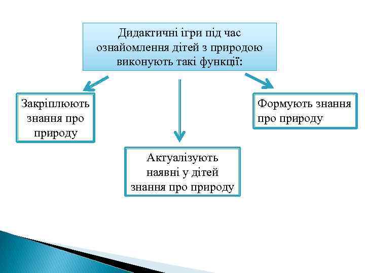 Дидактичні ігри під час ознайомлення дітей з природою виконують такі функції: Закріплюють знання про