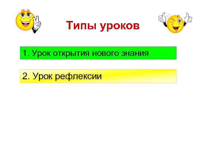 Типы уроков 1. Урок открытия нового знания 2. Урок рефлексии 