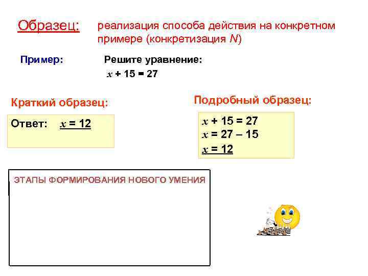 Образец: Пример: реализация способа действия на конкретном примере (конкретизация N) Решите уравнение: х +