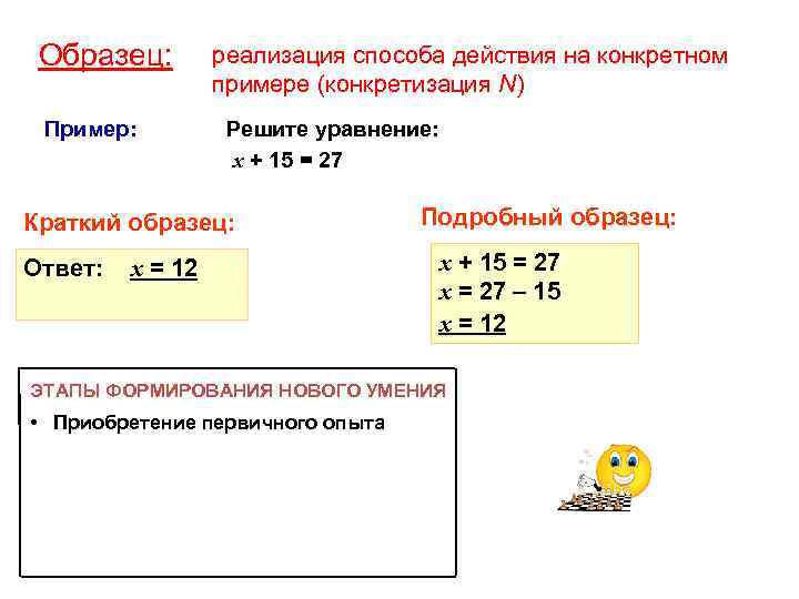 Образец: Пример: реализация способа действия на конкретном примере (конкретизация N) Решите уравнение: х +