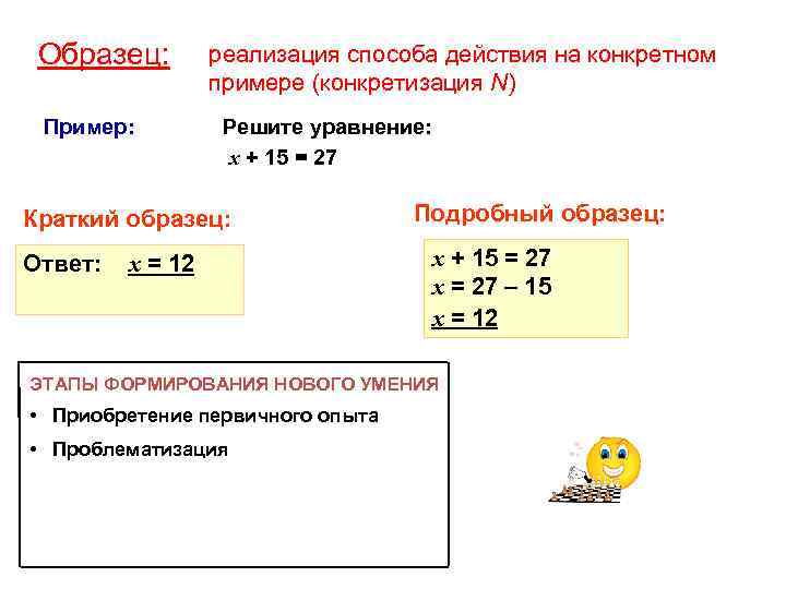 Образец: Пример: реализация способа действия на конкретном примере (конкретизация N) Решите уравнение: х +