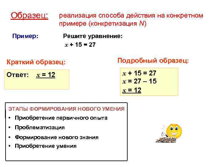 Образец: Пример: реализация способа действия на конкретном примере (конкретизация N) Решите уравнение: х +