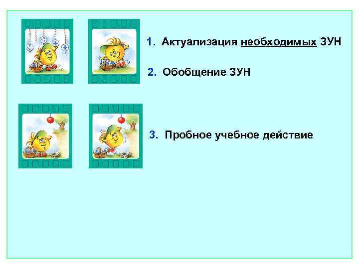 1. Актуализация необходимых ЗУН 2. Обобщение ЗУН 3. Пробное учебное действие 