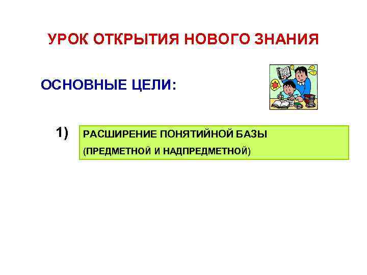 УРОК ОТКРЫТИЯ НОВОГО ЗНАНИЯ ОСНОВНЫЕ ЦЕЛИ: 1) РАСШИРЕНИЕ ПОНЯТИЙНОЙ БАЗЫ (ПРЕДМЕТНОЙ И НАДПРЕДМЕТНОЙ) 