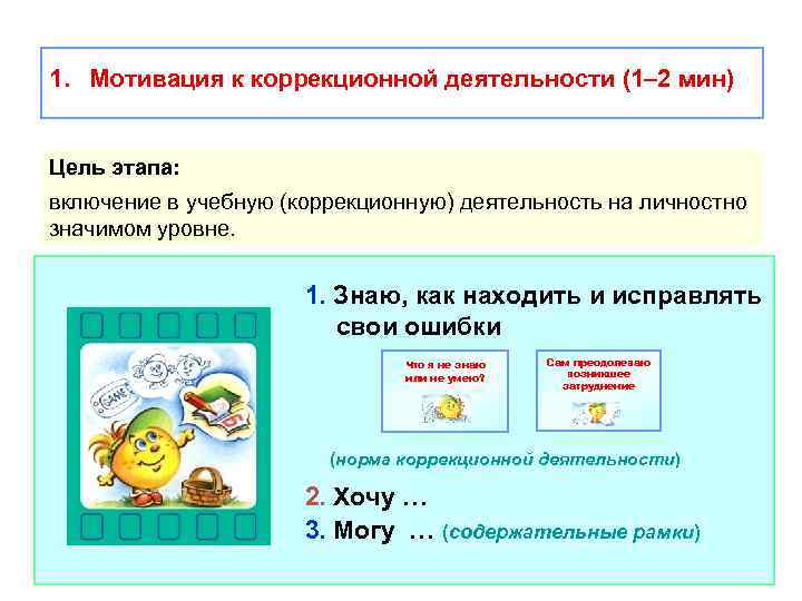 1. Мотивация к коррекционной деятельности (1– 2 мин) Цель этапа: включение в учебную (коррекционную)