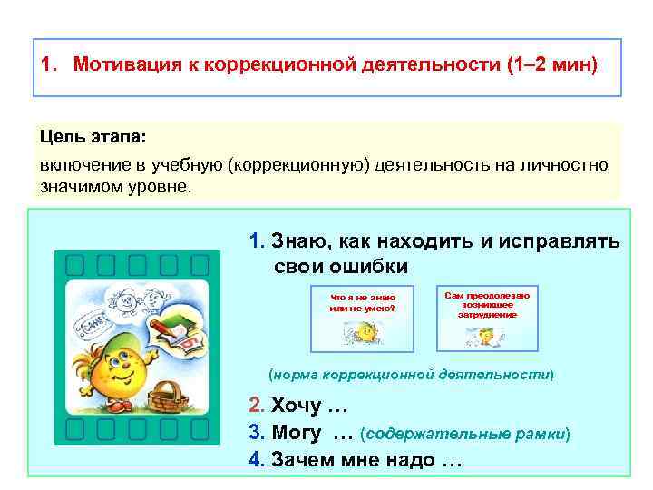 1. Мотивация к коррекционной деятельности (1– 2 мин) Цель этапа: включение в учебную (коррекционную)