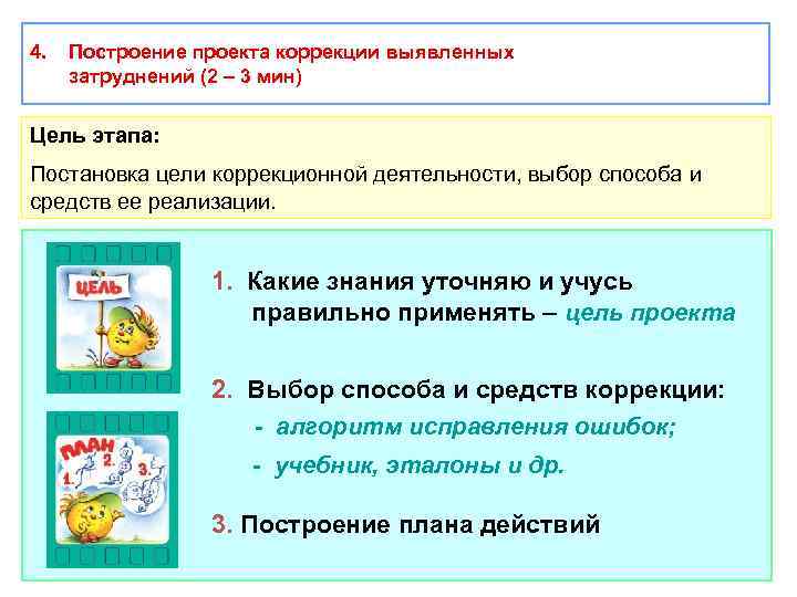 4. Построение проекта коррекции выявленных затруднений (2 – 3 мин) Цель этапа: Постановка цели