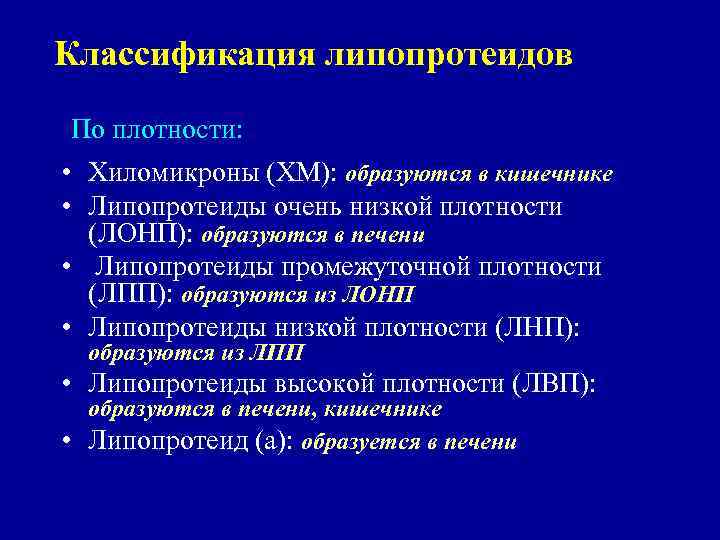 Классификация липопротеидов По плотности: • Хиломикроны (ХМ): образуются в кишечнике • Липопротеиды очень низкой