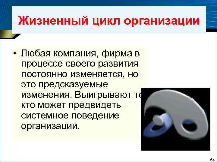 Жизненный цикл организации • Любая компания, фирма в процессе своего развития постоянно изменяется, но