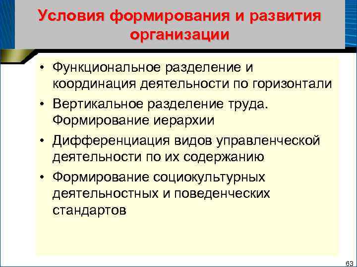 Условия формирования и развития организации • Функциональное разделение и координация деятельности по горизонтали •