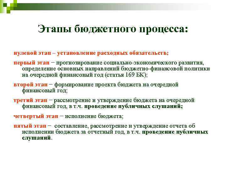 Этапы бюджетного процесса: нулевой этап – установление расходных обязательств; первый этап − прогнозирование социально-экономического