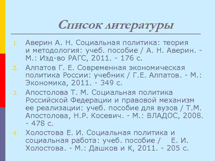 Список литературы 1. 2. 3. 4. Аверин А. Н. Социальная политика: теория и методология: