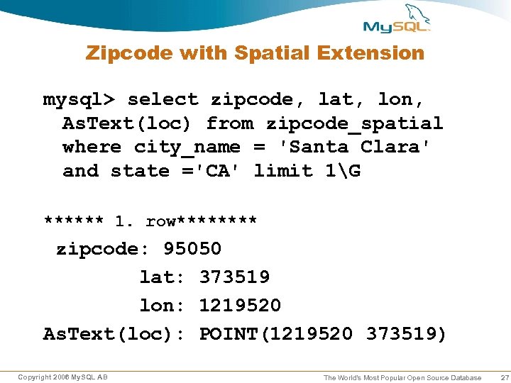 Zipcode with Spatial Extension mysql> select zipcode, lat, lon, As. Text(loc) from zipcode_spatial where