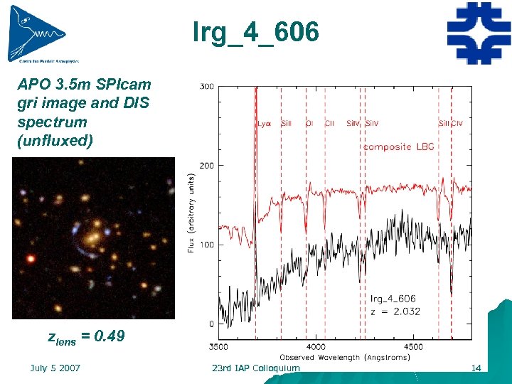 lrg_4_606 APO 3. 5 m SPIcam gri image and DIS spectrum (unfluxed) zlens =