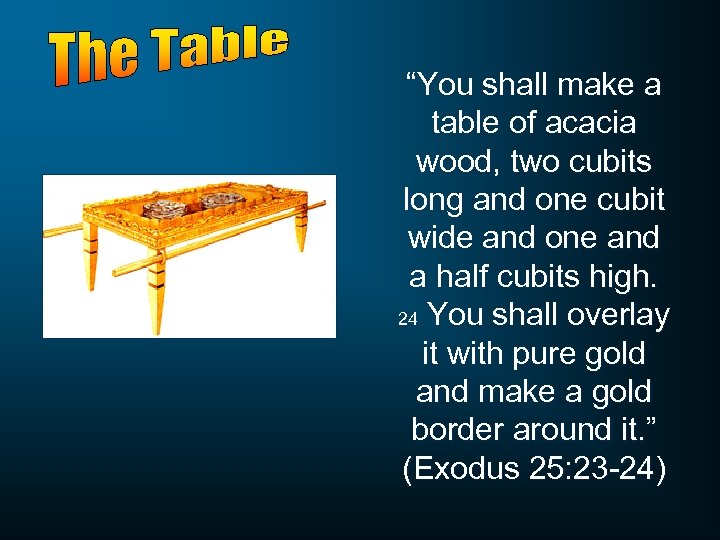 “You shall make a table of acacia wood, two cubits long and one cubit