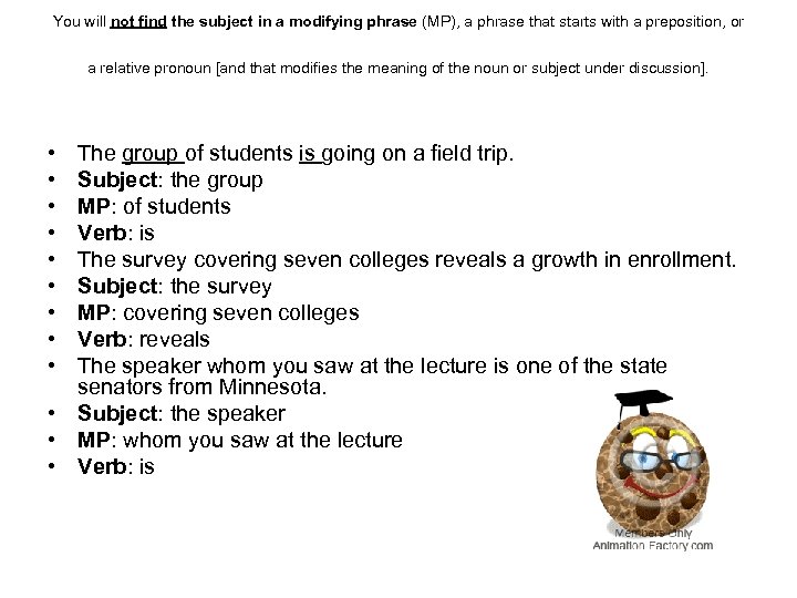 You will not find the subject in a modifying phrase (MP), a phrase that