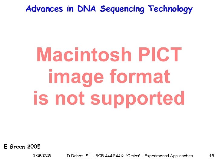 Advances in DNA Sequencing Technology E Green 2005 3/19/2018 D Dobbs ISU - BCB