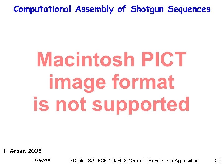 Computational Assembly of Shotgun Sequences E Green 2005 3/19/2018 D Dobbs ISU - BCB