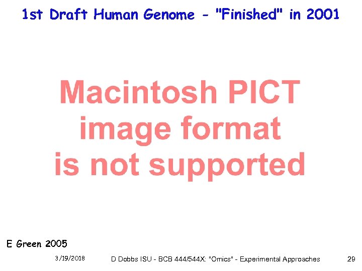 1 st Draft Human Genome - "Finished" in 2001 E Green 2005 3/19/2018 D