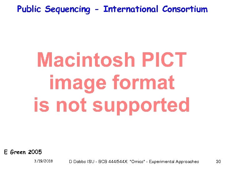 Public Sequencing - International Consortium E Green 2005 3/19/2018 D Dobbs ISU - BCB