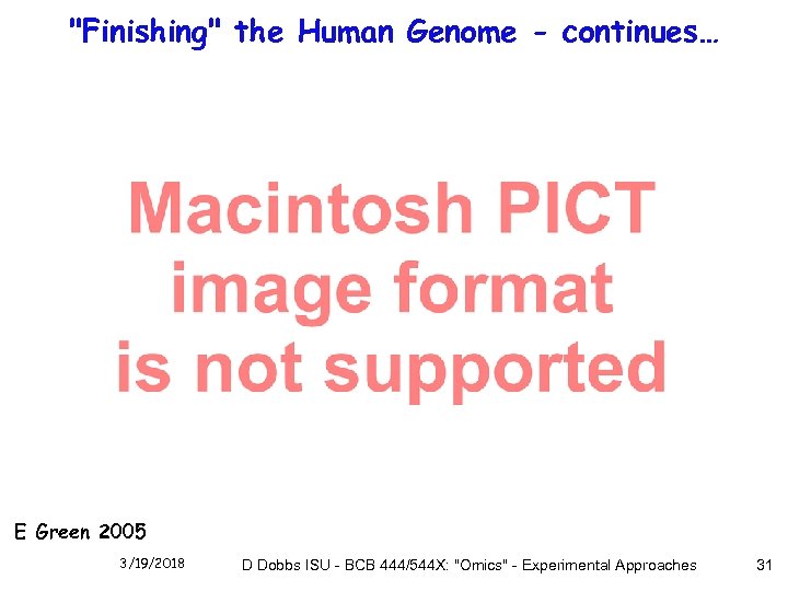 "Finishing" the Human Genome - continues… E Green 2005 3/19/2018 D Dobbs ISU -