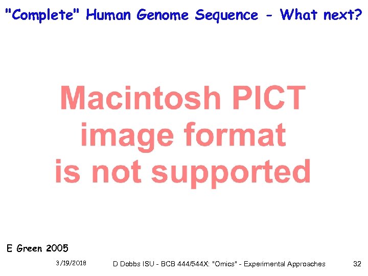 "Complete" Human Genome Sequence - What next? E Green 2005 3/19/2018 D Dobbs ISU