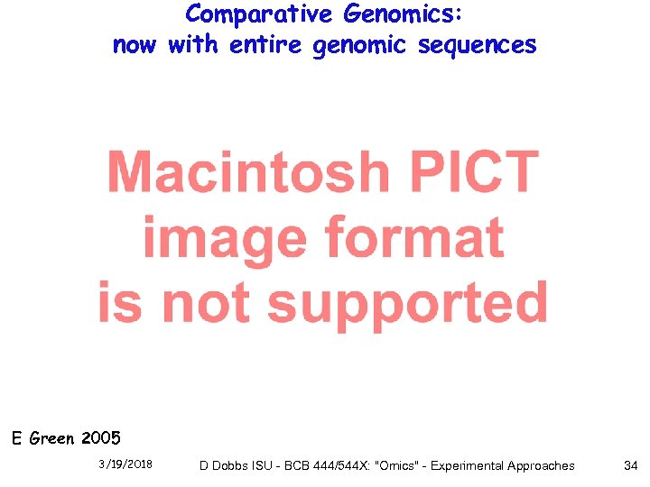 Comparative Genomics: now with entire genomic sequences E Green 2005 3/19/2018 D Dobbs ISU