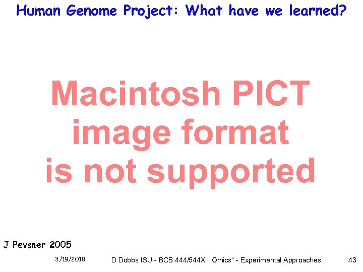Human Genome Project: What have we learned? J Pevsner 2005 3/19/2018 D Dobbs ISU