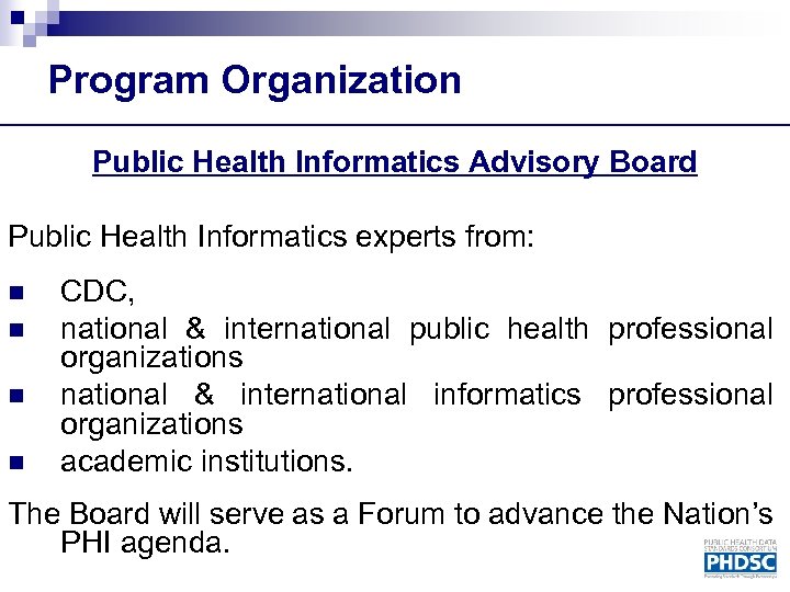Program Organization Public Health Informatics Advisory Board Public Health Informatics experts from: n n