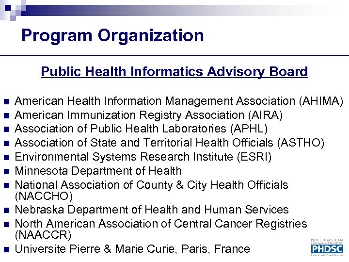 Program Organization Public Health Informatics Advisory Board n n n n n American Health