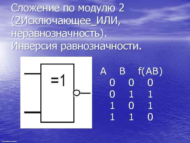 Сложение по модулю 2 (2 Исключающее_ИЛИ, неравнозначность). Инверсия равнозначности. A Степанов Константин Сергеевич 0