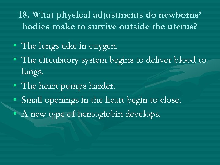 18. What physical adjustments do newborns’ bodies make to survive outside the uterus? •