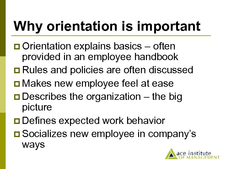 Why orientation is important p Orientation explains basics – often provided in an employee