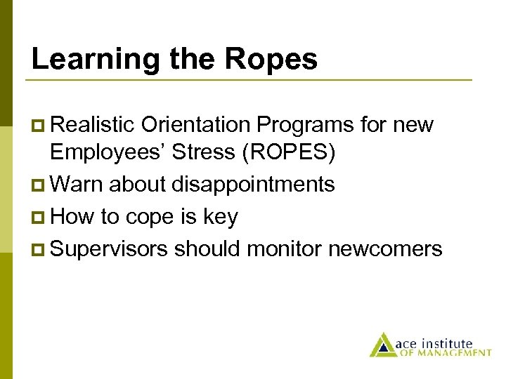 Learning the Ropes p Realistic Orientation Programs for new Employees’ Stress (ROPES) p Warn